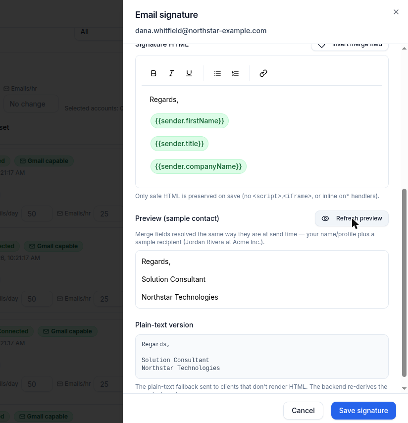 Email signature drawer with merge fields and a rendered preview