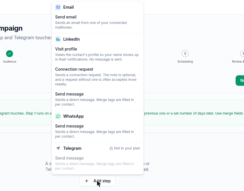 Add step menu showing the Email, LinkedIn and WhatsApp actions