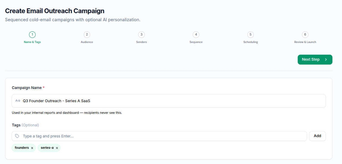 Create Email Outreach Campaign wizard on step 1 of 6, Name & Tags, with a campaign name and two tags entered