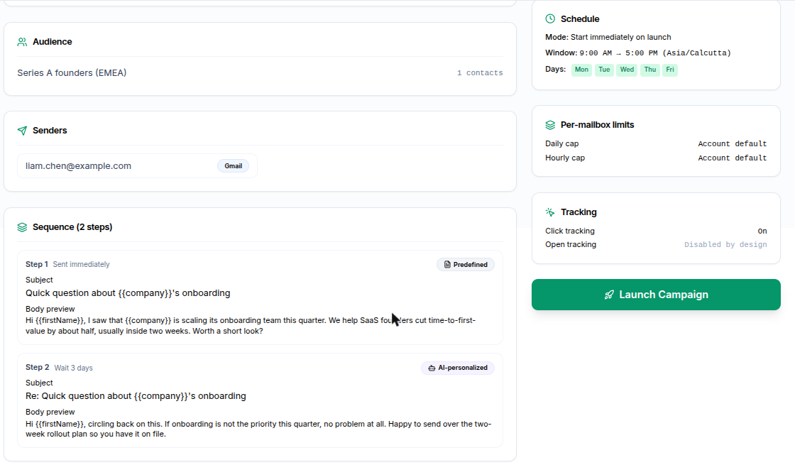 Review & Launch step summarising the audience, sender, a two-step sequence, sending window, per-mailbox limits and tracking, with the Launch Campaign button