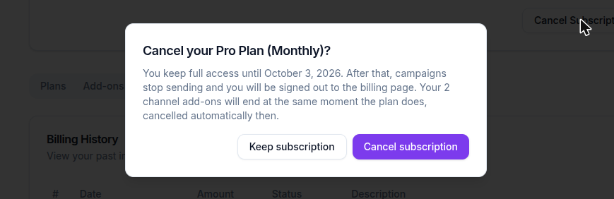 Cancel subscription confirmation naming the access end date