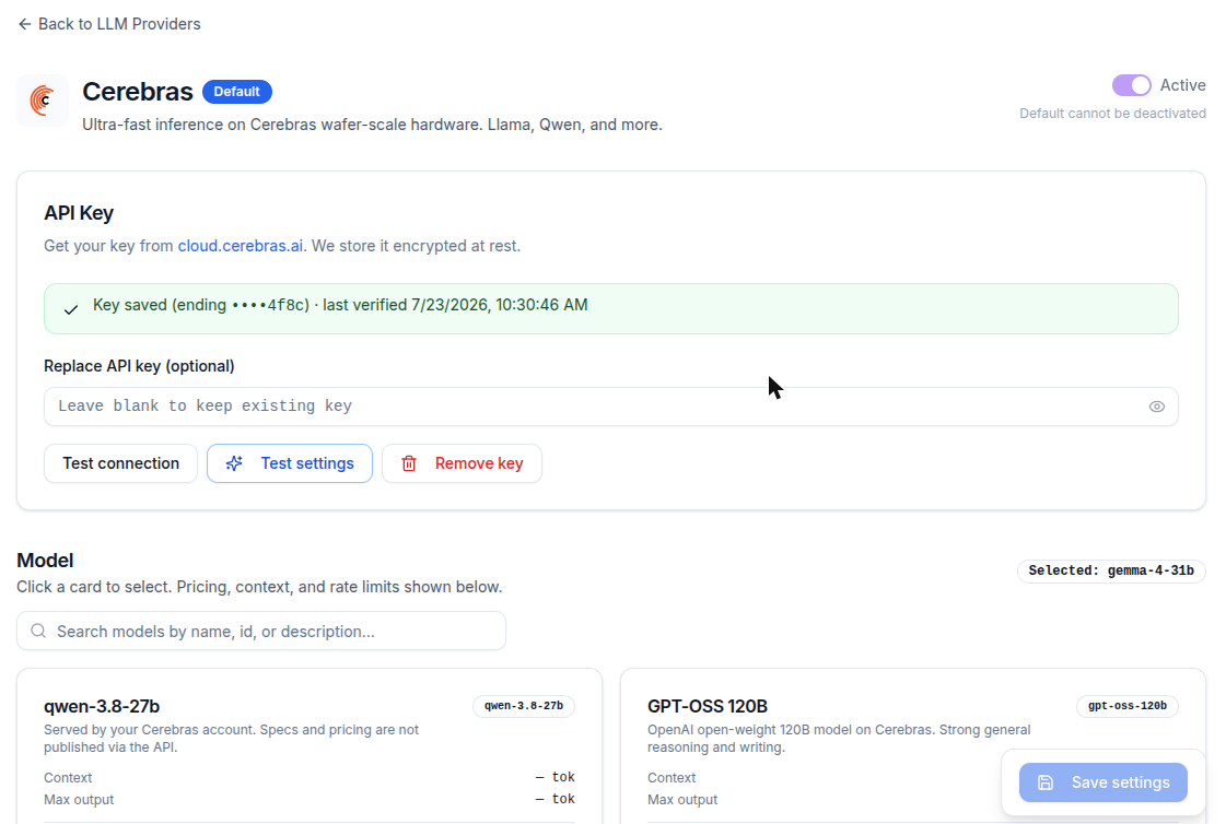 Cerebras provider page with the API Key section showing a saved key, Replace API key field, Test connection, Test settings and Remove key buttons, and the model picker below
