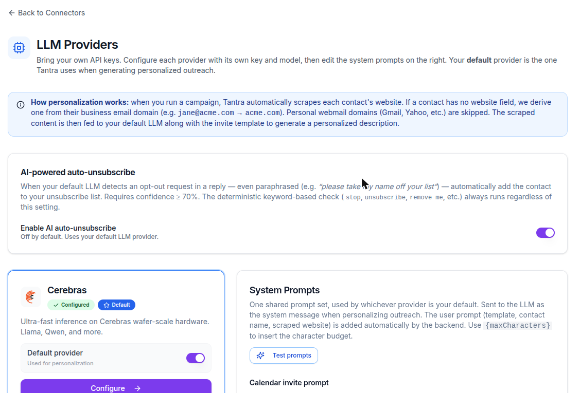 LLM Providers page with the personalization notice, the AI-powered auto-unsubscribe switch, a Cerebras card marked Configured and Default with its Configure button, and the System Prompts panel