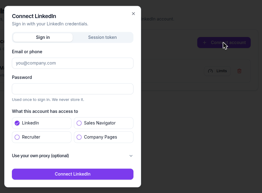 Connect LinkedIn dialog on the Sign in tab