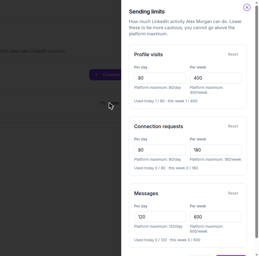 Sending limits sheet showing the platform maximum for each LinkedIn action