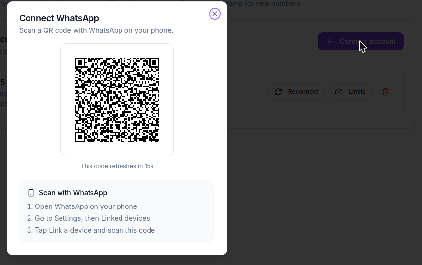 Connect WhatsApp window with a QR code and the phone linking steps
