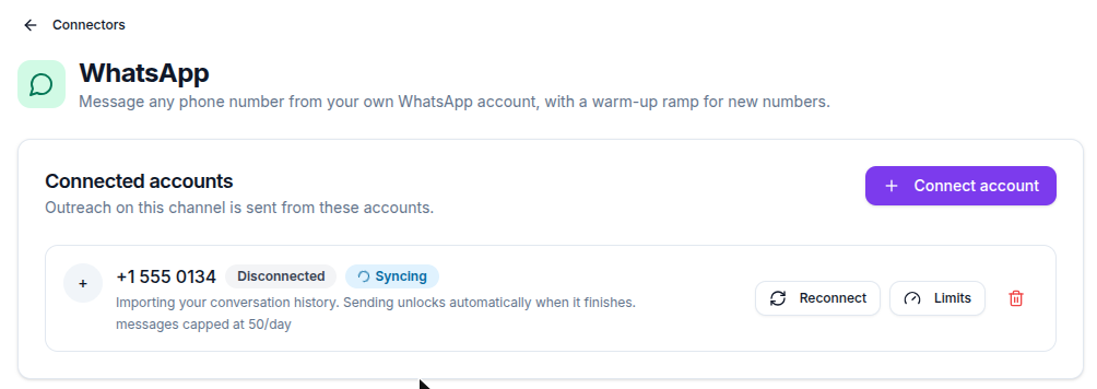 WhatsApp account row showing the Disconnected and Syncing states