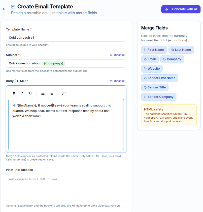 Create Email Template page with name, subject and HTML body fields, Generate with AI and Enhance controls, a Merge Fields sidebar of contact and sender fields, and a plain-text fallback box
