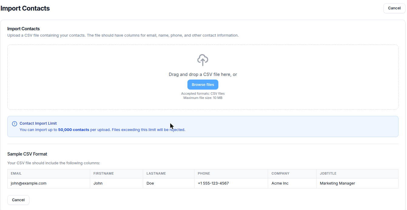 Import Contacts page with the CSV drop zone, the 50,000 contacts per upload limit notice, and a sample row showing the email, firstName, lastName, phone, company and jobTitle columns
