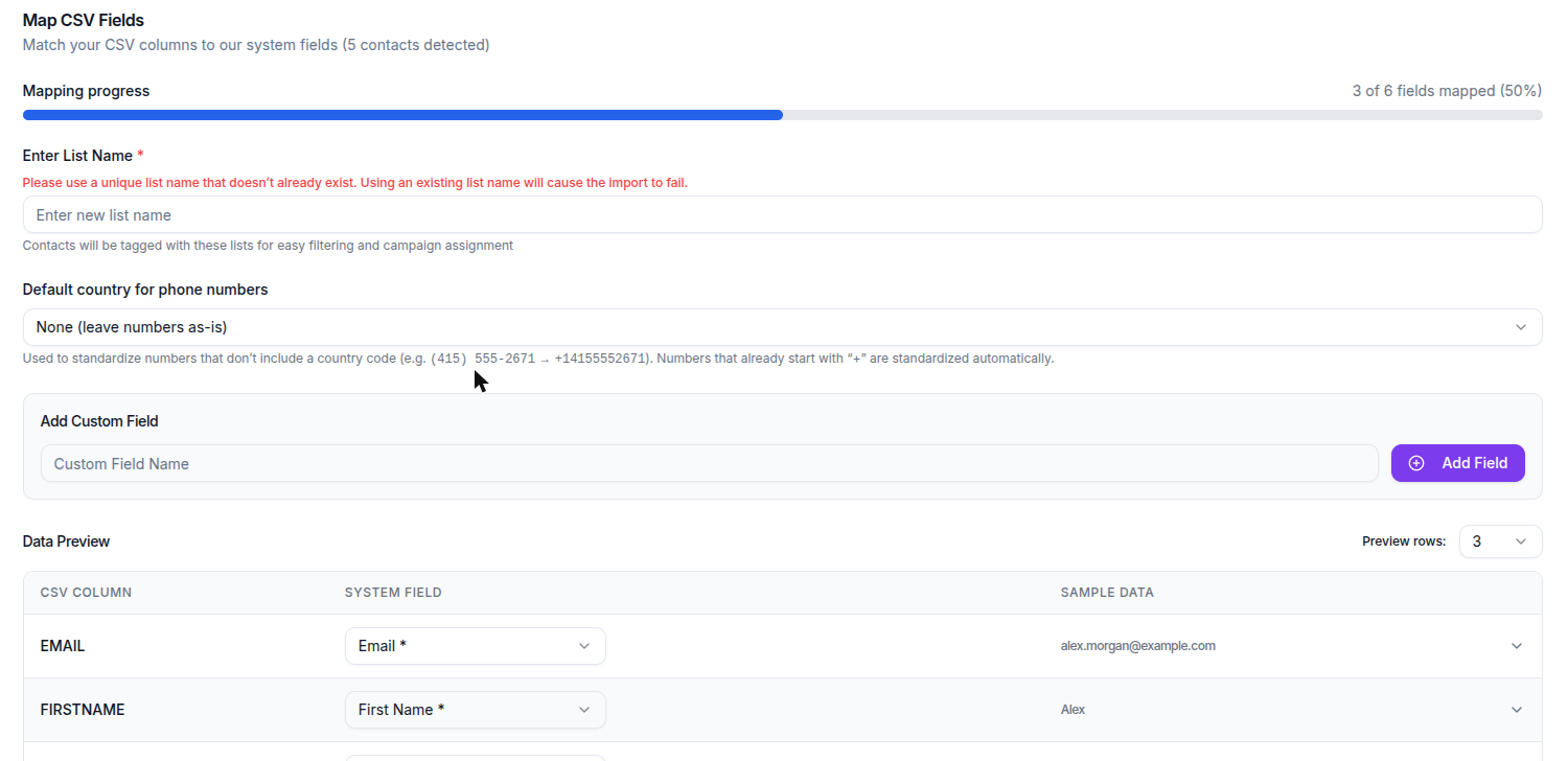 Field mapping step with the default country picker