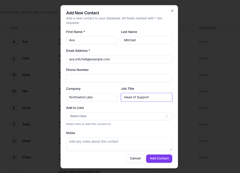 Add New Contact dialog with first name, last name, email, phone, company, job title, an Add to Lists picker and a notes box, opened over the contacts table