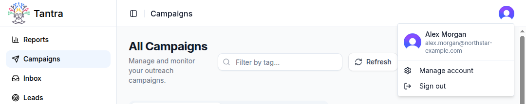 Account menu open showing Manage account and Sign out