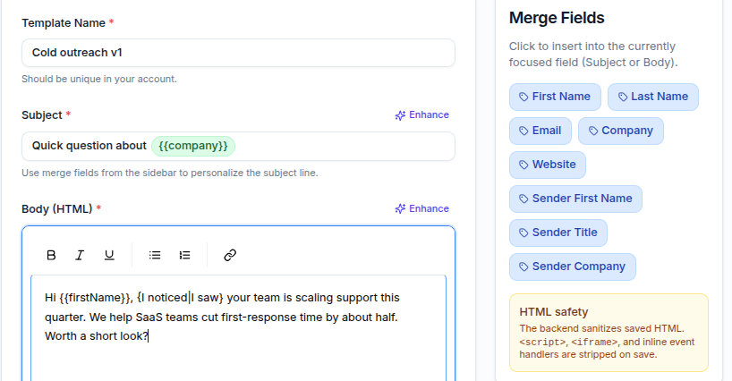 Template editor with a company merge token in the subject, a spintax group in the body, and the Merge Fields sidebar of clickable fields to insert