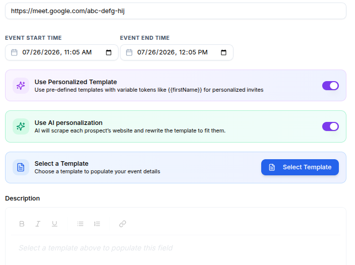 Event Details step with the Use Personalized Template and Use AI personalization switches both on, above the Select Template button and the description editor