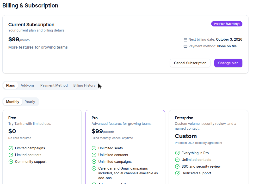 Billing page with the current subscription card and the plan cards