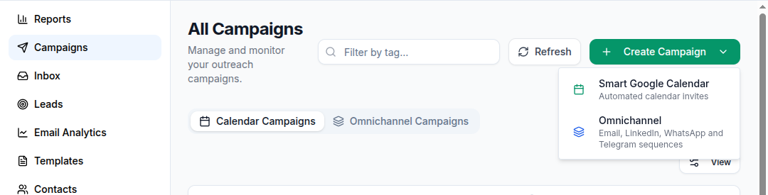 Campaigns page with the Create Campaign menu open
