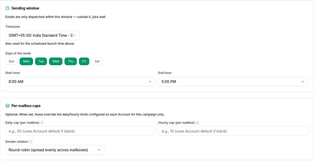 Scheduling step showing the sending window and per-mailbox cap fields