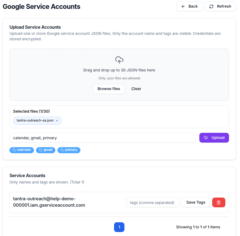 Google Service Accounts page with the JSON drop zone for up to 30 files, one selected file tagged calendar, gmail and primary ready to upload, and the list of stored service accounts below