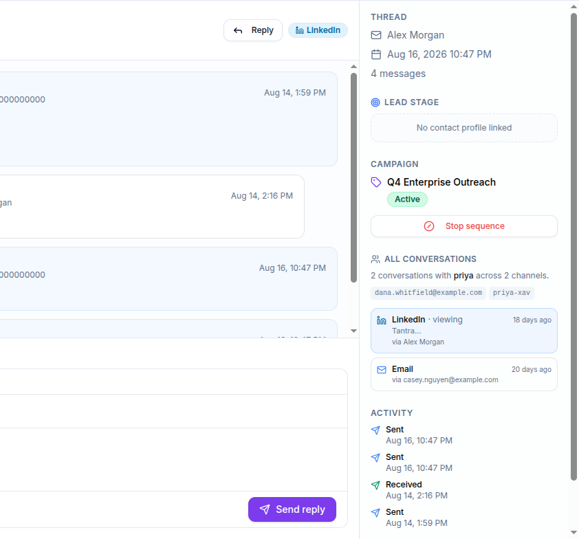 Thread panel showing the same person's conversations across two channels