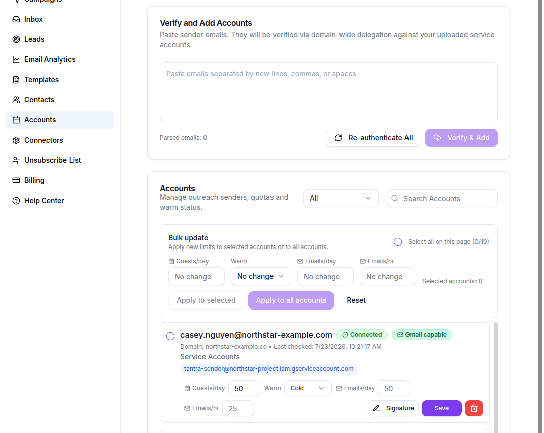 Accounts page with the Verify and Add box and a connected sender