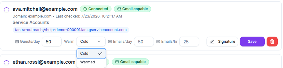 Sender row on the Accounts page with the Warm dropdown open to choose Cold or Warmed, beside the Guests/day, Emails/day and Emails/hr fields