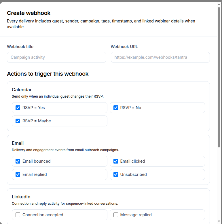 Create webhook dialog with the trigger groups for calendar, email and LinkedIn