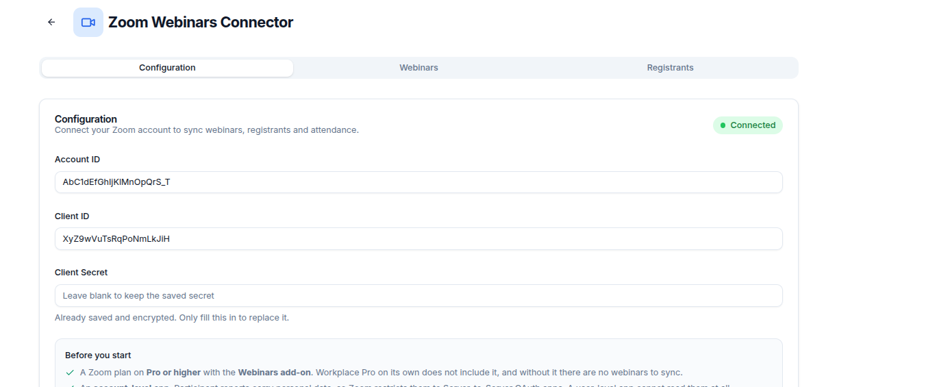 Zoom Webinars Connector page on the Configuration tab with Account ID, Client ID and Client Secret fields, a Connected badge, and the Before you start checklist
