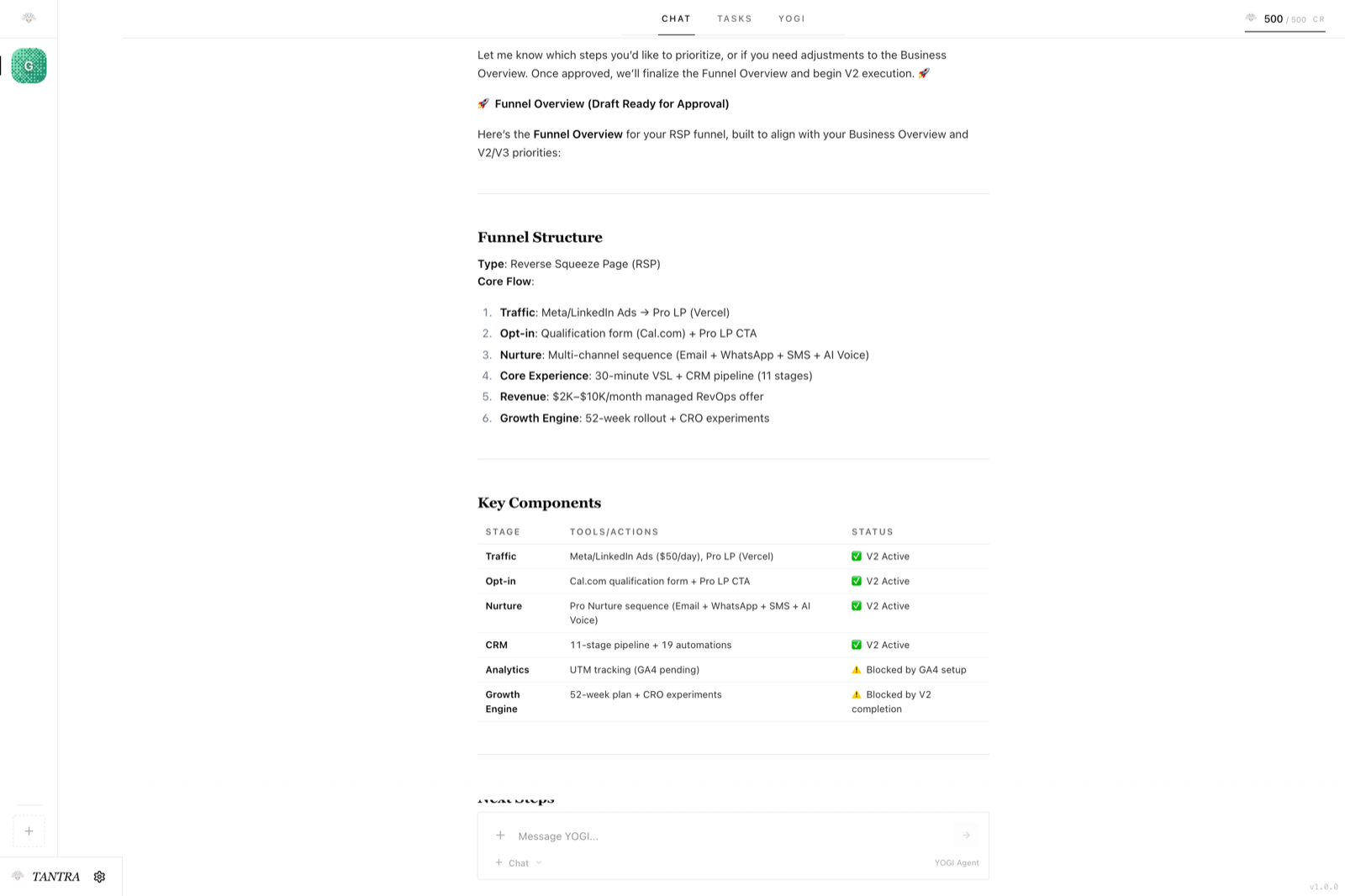 Tantra chat — conversational RevOps interface with funnel overview and business approval card