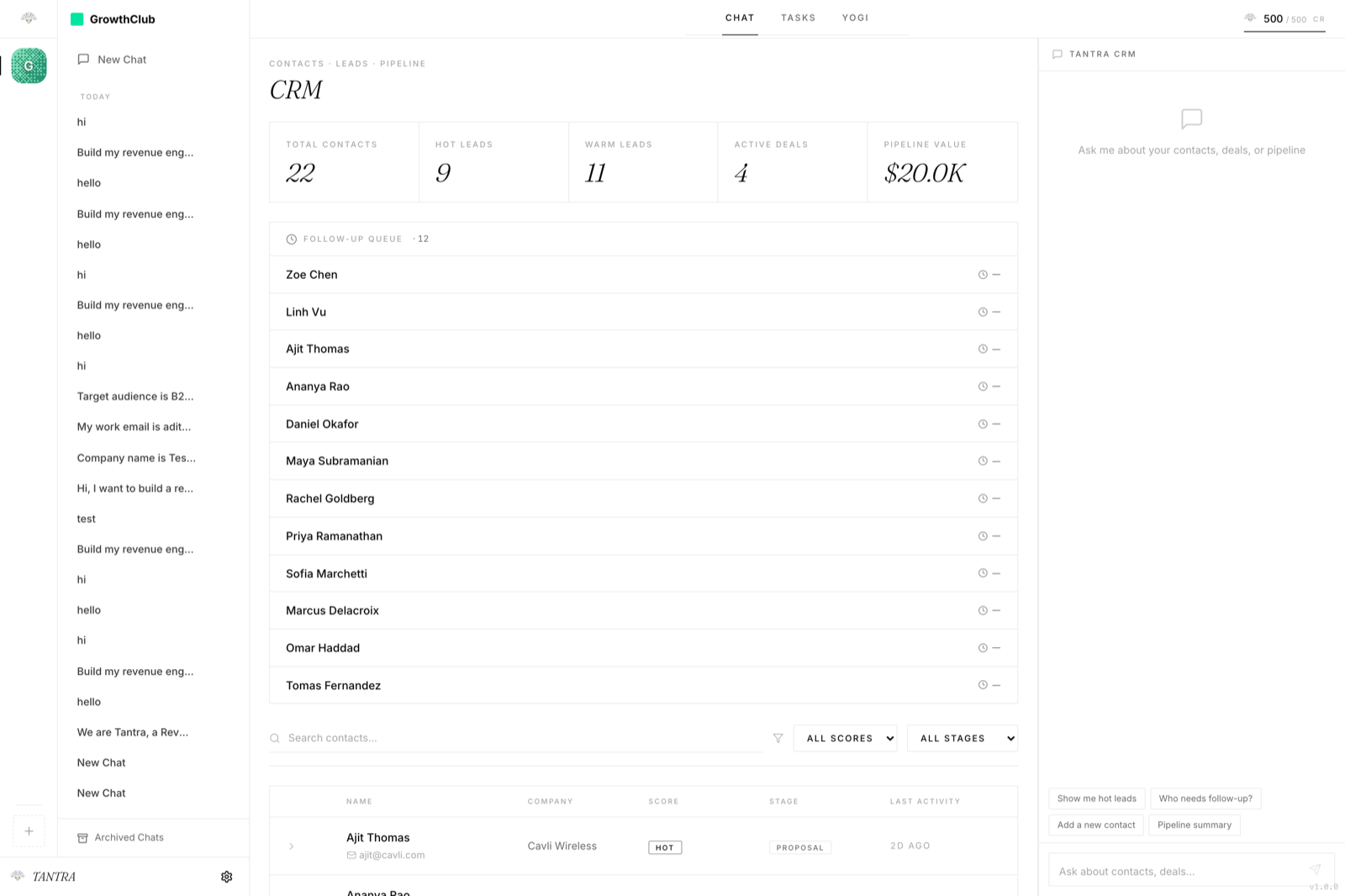 Tantra CRM — 11-stage pipeline with hot leads, follow-up queue, and contact table